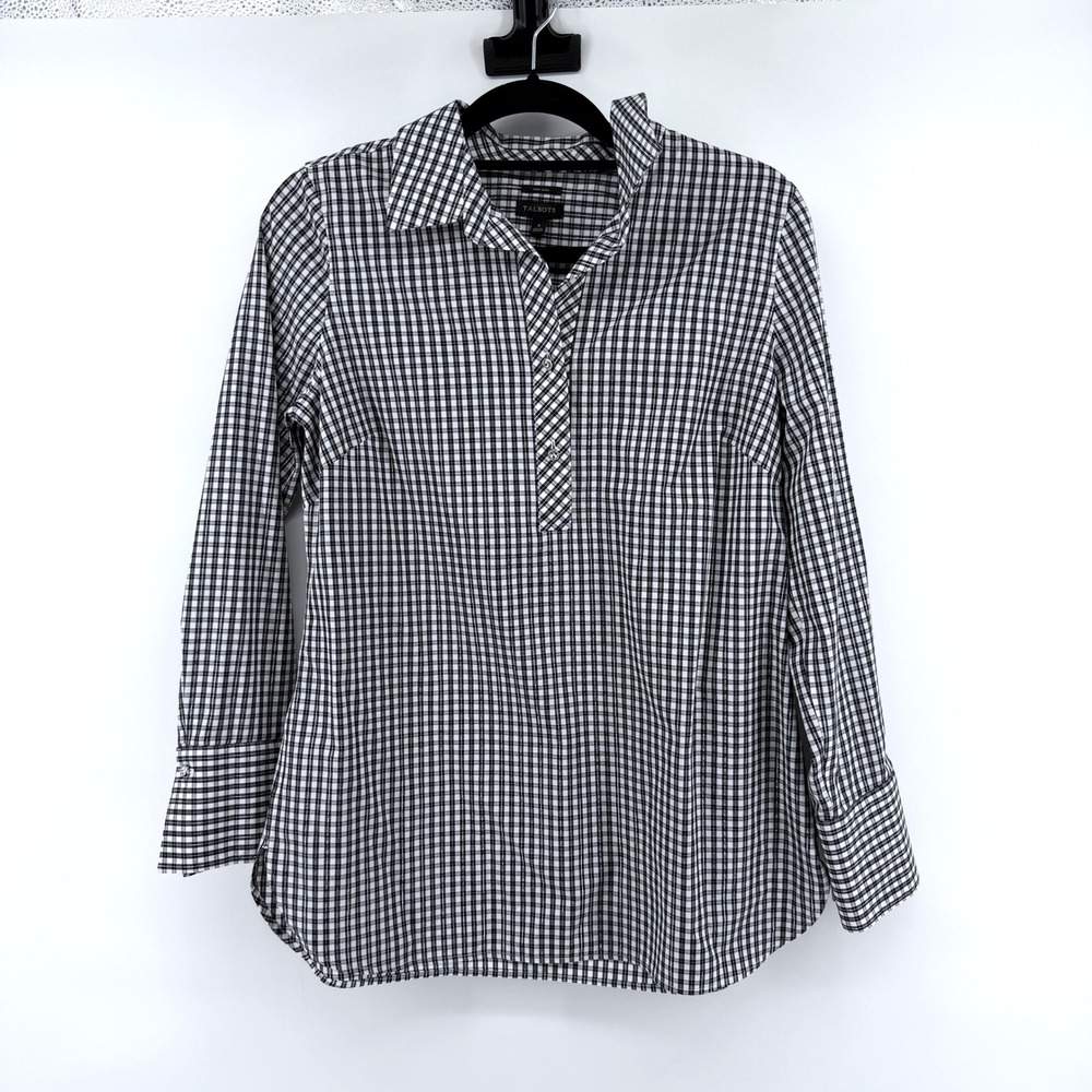Talbots Blouse‎ Gingham Non-Iron 4 Black White Womens Metallic Plaid Tunic